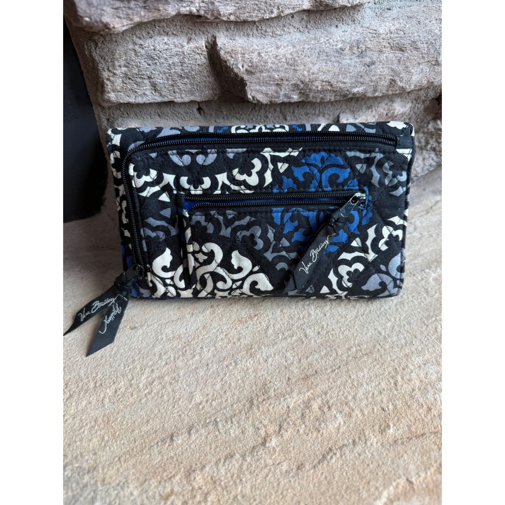 Vera Bradley Baroque Quilted Cotton Trifold Wallet Blue Black White Damask